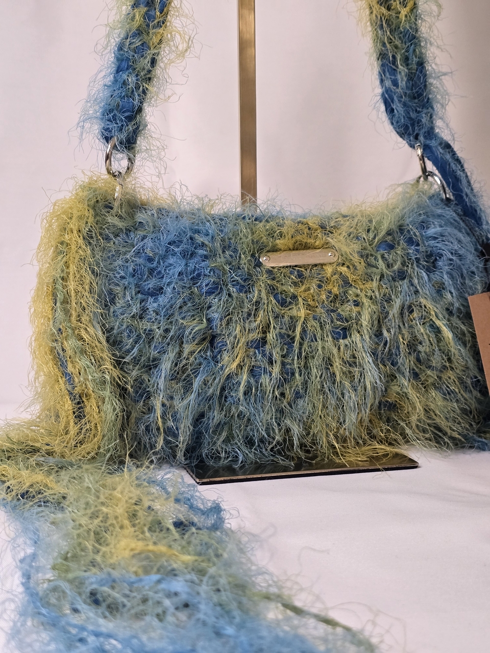 Hand Crafted Blue and Green Fuzzy Shoulder Bag
